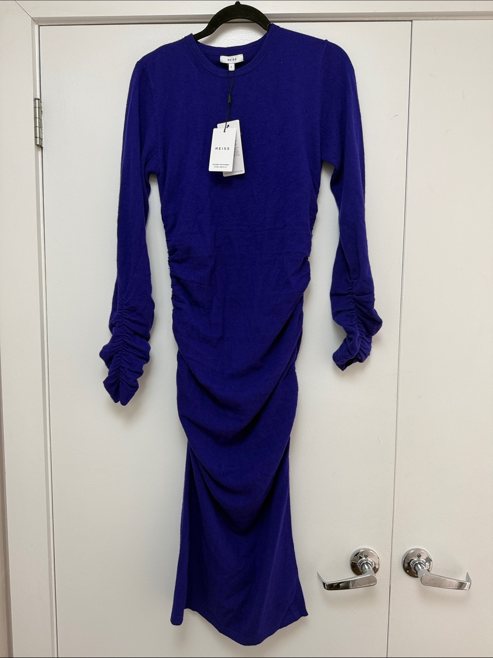 Reiss Royal Blue Ruched Long-Sleeve Midi Dress